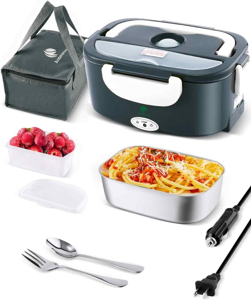 Andmenow Electric Lunch Box For Adults, 80W Heated Lunch Box for Men 1.5L Stainless Steel, Portable Food Warmer for Car Truck Work, 12/24/110V, Loncheras Para Hombres De Trabajo, Heatable Lunchbox,White Grey - Image 1